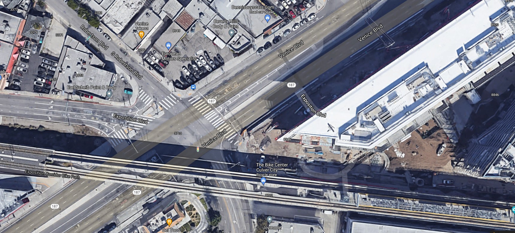 Five-way intersection at Venice/Robertson/Exposition - via Google Maps