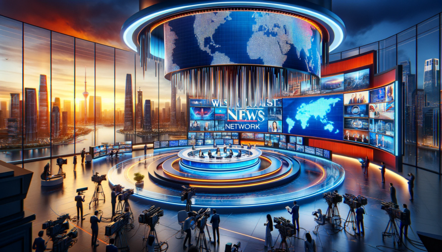 A modern and dynamic news studio with the West Coast News Network logo, featuring a high-tech setup with large screens, a panoramic cityscape backdrop, and bustling journalists.