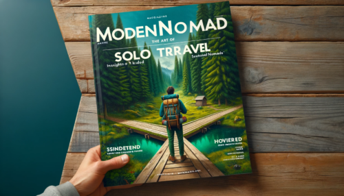  "Magazine cover for Modern Nomad Magazine with a solo traveler at a forest crossroads, looking at a map."