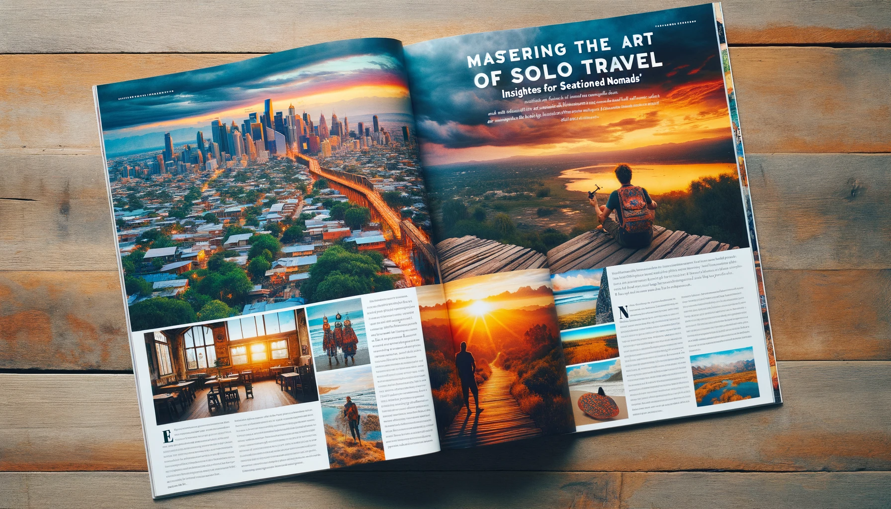 "Inside spread of Modern Nomad Magazine featuring solo travel tips and diverse travel photos."