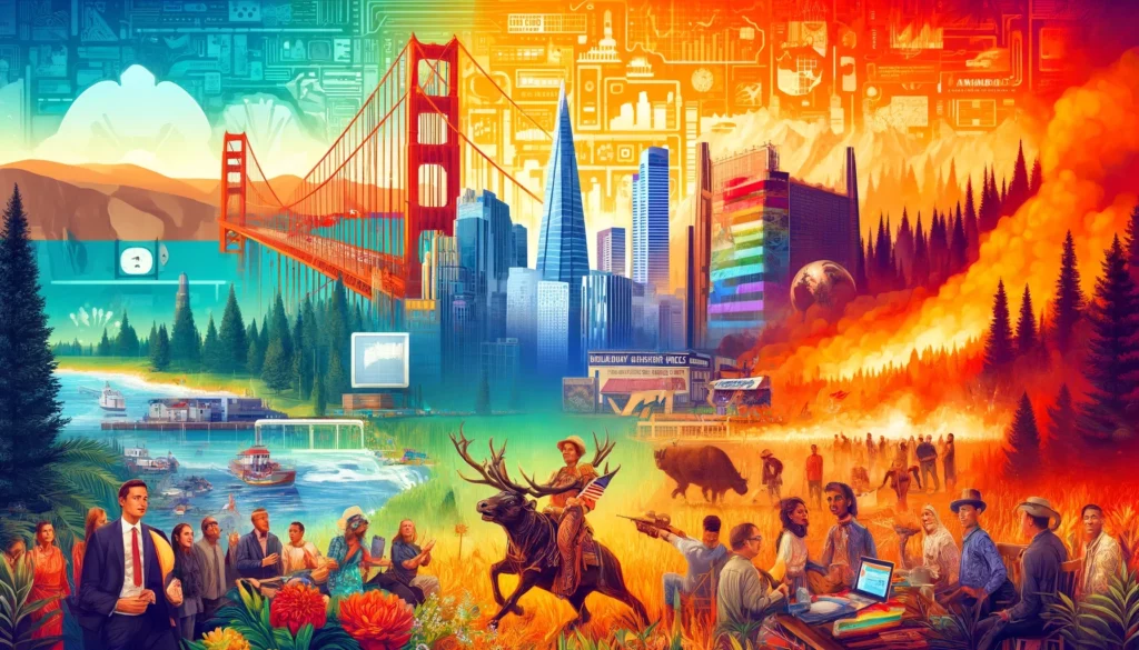 A vibrant collage showcasing key elements of Western Region News, including the Golden Gate Bridge, Silicon Valley tech offices, wildfires, and a cultural festival.